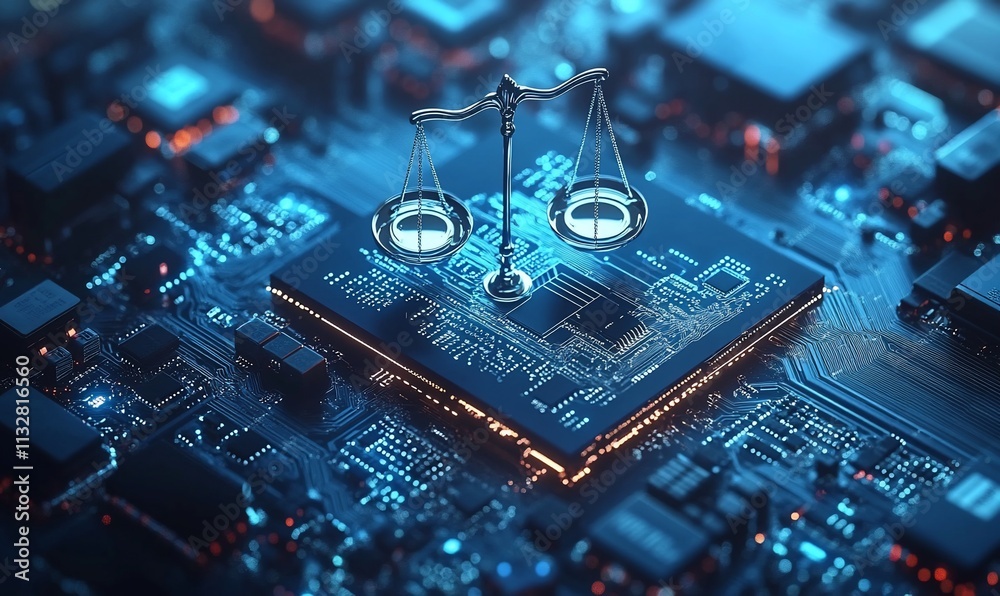 Poster a balance scale on a microchip, symbolizing justice in technology.