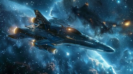 Fototapeta premium A dark gray spaceship flies through a starry universe with blue, white, and gold elements. Glowing engines, stars, and a sense of grandeur convey the vast beauty of space.