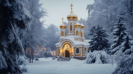 Fototapeta premium 68. The serene and reflective atmosphere of a Russian Orthodox Christmas service in a snow-covered church