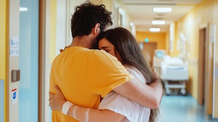 A man and a woman hugging each other tightly in deep sorrow, both crying, standing outside a hospital room door, while enhancing the melancholic feeling of the scene.