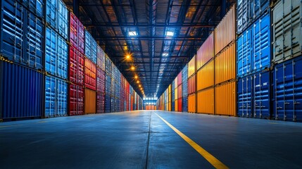 Fototapeta premium A vibrant warehouse filled with colorful shipping containers, showcasing a spacious aisle illuminated by overhead lights.