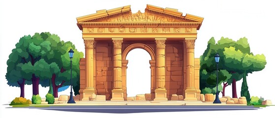 Fototapeta premium Colorful illustration of a grand historic arch surrounded by trees.