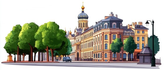 Fototapeta premium Colorful street scene featuring historic architecture and trees.
