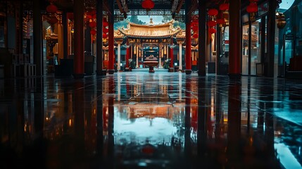 Obraz premium 75. The serene and reflective environment of a traditional Chinese temple during a Lunar New Year celebration
