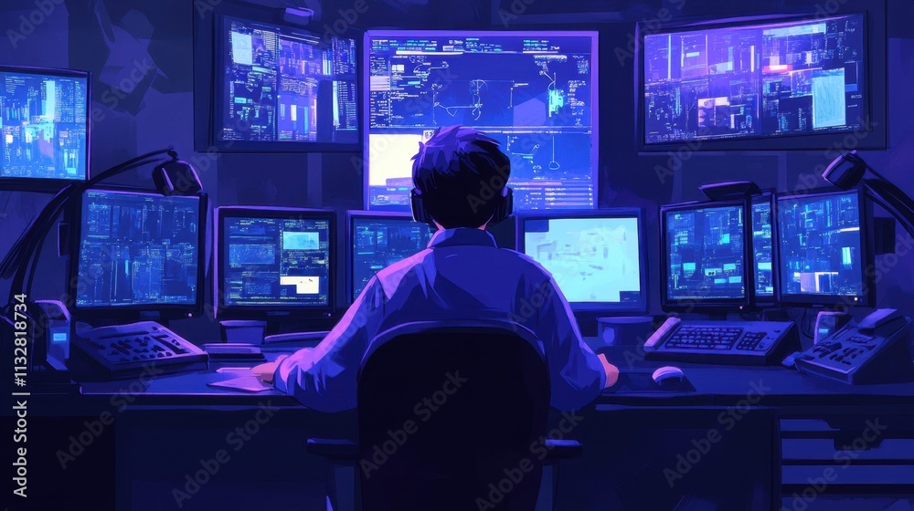 Poster high-tech control room with multiple monitors displaying data insights