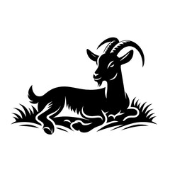 Black silhouette of a goat resting in grass.