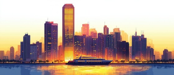 Obraz premium Majestic skyline at sunset with modern skyscrapers and water reflections.