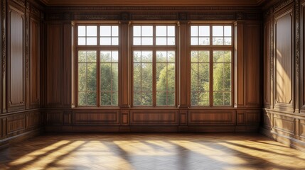 Fototapeta premium Elegant Wooden Interior with Large Windows and Natural Light
