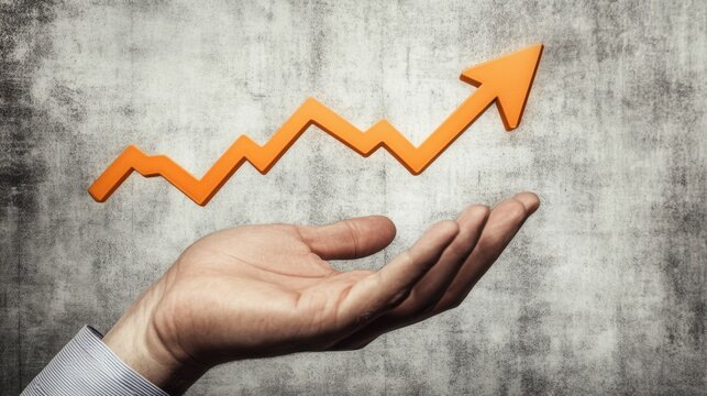 Hand Measuring Growth with Orange Arrow on Gray Textured Background