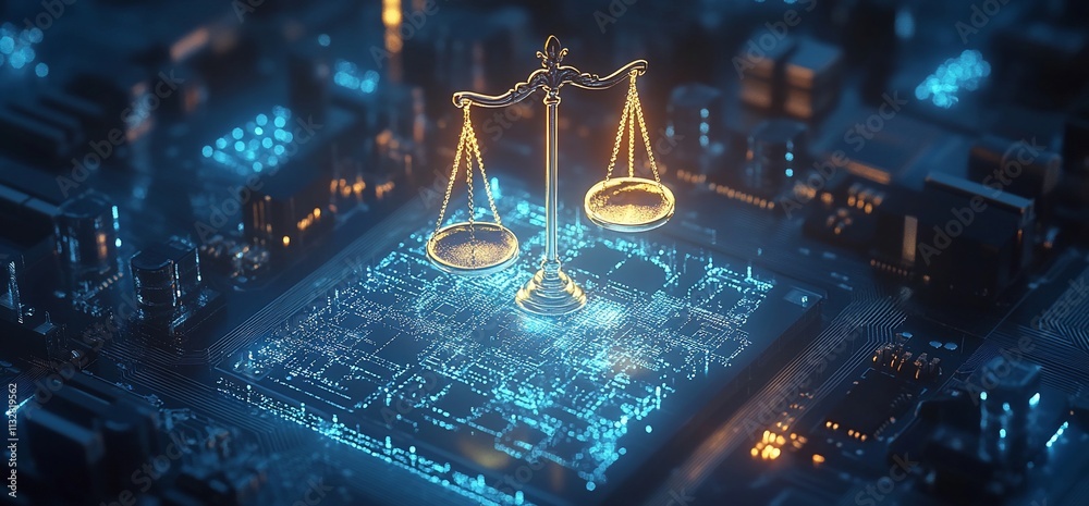 Poster a digital representation of scales symbolizing justice on a circuit board.