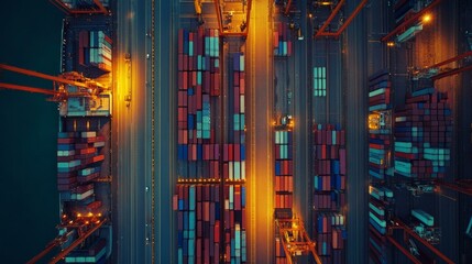 Fototapeta premium Aerial view of a busy shipping port at night, showcasing colorful containers and illuminated cranes.