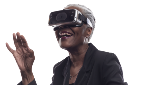 African senior businesswoman watching vr glasses laughing and gesturing with hand on white background