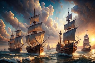 Obraz premium ai generative fantasy illustration of pirate ship in the ocean, in the background colorful galactic sky