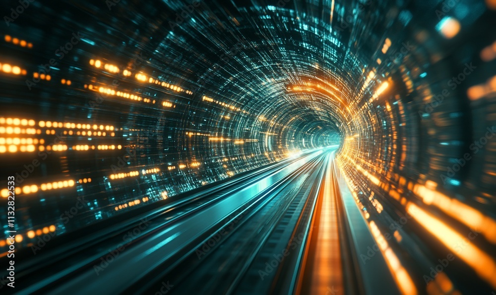 Poster a dynamic tunnel scene with glowing lights and motion blur effects.