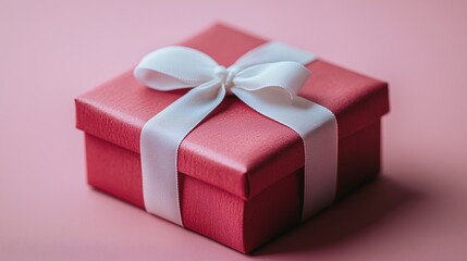 Fototapeta premium A red gift box tied with a white ribbon, set against a soft pink background, perfect for celebrations.