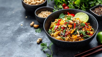 Glossy Pad Thai Noodle Dish with Colorful Toppings and Garnishes on Minimalist Backdrop