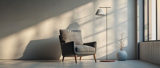 Fototapeta premium Modern Minimalist Living Room Interior with Charcoal Grey Armchair and Floor Lamp