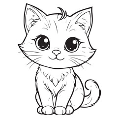 Cute Cartoon Cat, sitting with folded paws. Cute white kitten in cartoon style. Vector illustration. Hero figurine for children's products. coloring page. Cat vector for children to learn to coloring.
