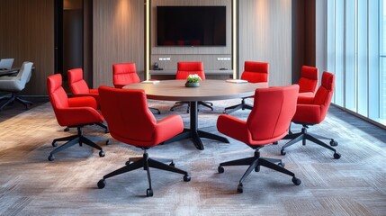 Fototapeta premium Modern Conference Room with Red Chairs and Large Round Table