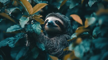 Fototapeta premium Curious sloth exploring lush green foliage in a tropical rainforest setting