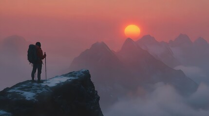 Obraz premium Majestic Sunrise Over Mountain Peaks with a Solo Hiker Gazing at the Horizon in a Stunning Landscape of Nature’s Beauty and Serenity
