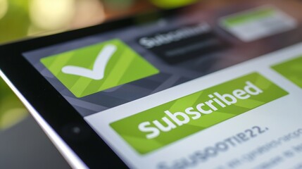 A close-up of a tablet screen displaying a subscription confirmation with a green check mark and the word "Subscribed.