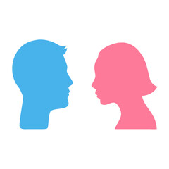 Fototapeta premium Blue male and pink female silhouettes facing each other on a white background with copy space
