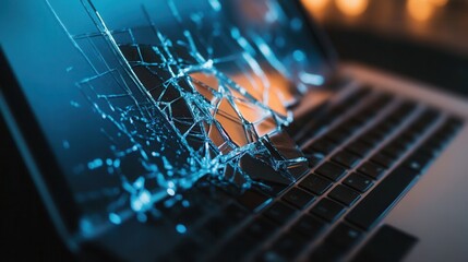 Obraz premium a close-up of a shattered laptop screen, symbolizing the fragility and breakdown caused by overwork and stress. 