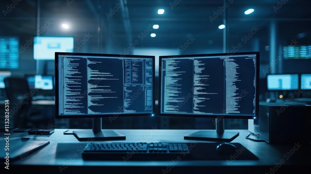 Poster dual computer monitors displaying code in dark office environment