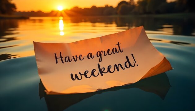"Have a great weekend!" penned in elegant handwriting on a slightly weathered paper, floating on a calm lake reflecting a vibrant sunset.
