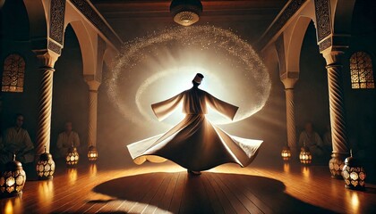 Sufi whirling dervish (Semazen) dances at . Semazen conveys God's spiritual gift to those are witnessing the ritual.
