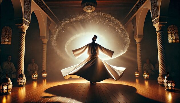 Sufi whirling dervish (Semazen) dances at . Semazen conveys God's spiritual gift to those are witnessing the ritual.