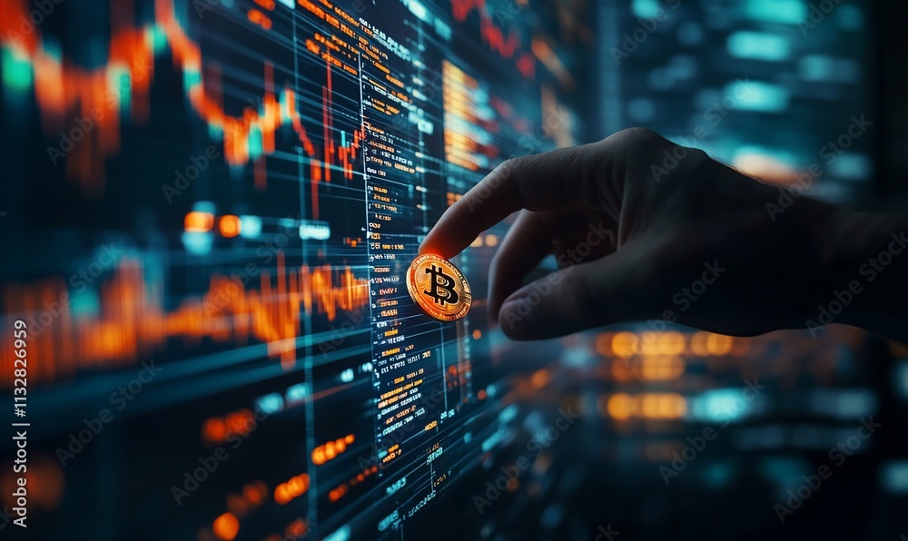 Poster a hand holding a bitcoin against a backdrop of financial data and graphs.