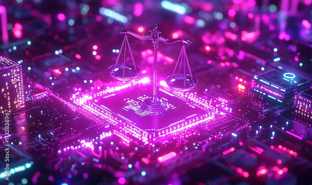 Poster a glowing scales of justice on a digital circuit board backdrop.