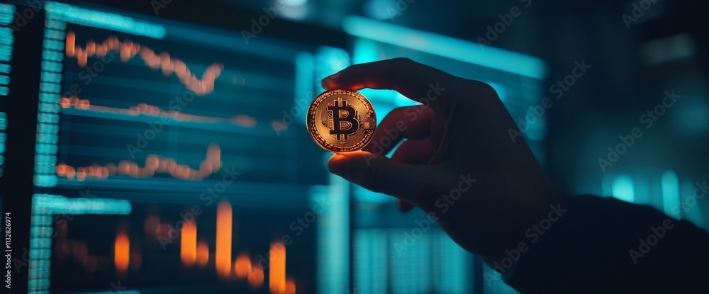 Poster a hand holding a bitcoin against a backdrop of financial data screens.