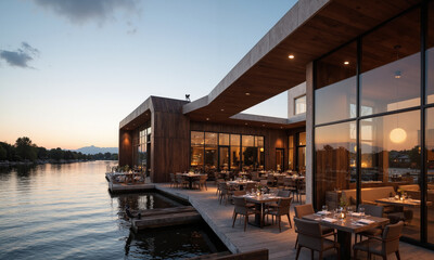 Fototapeta premium A mocha mousse-colored modern waterfront restaurant with sleek, polished surfaces and large windows overlooking the water. The deep, glossy color