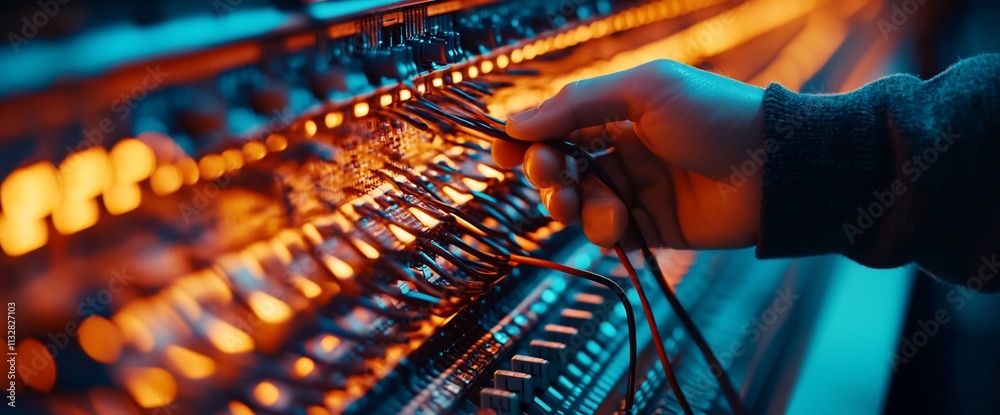 Poster a hand connecting cables on a sound mixing console with glowing lights.
