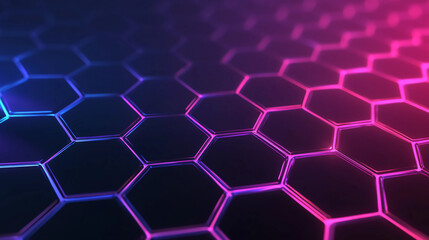 Fototapeta premium A vibrant, textured surface featuring interconnected hexagonal patterns illuminated by blue and pink neon lights.