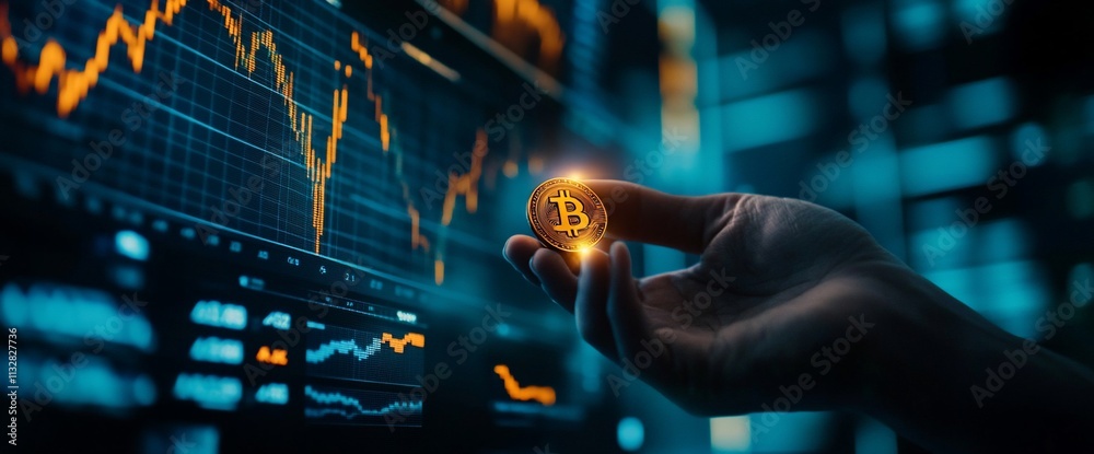 Poster a hand holding a bitcoin coin with financial graphs in the background.