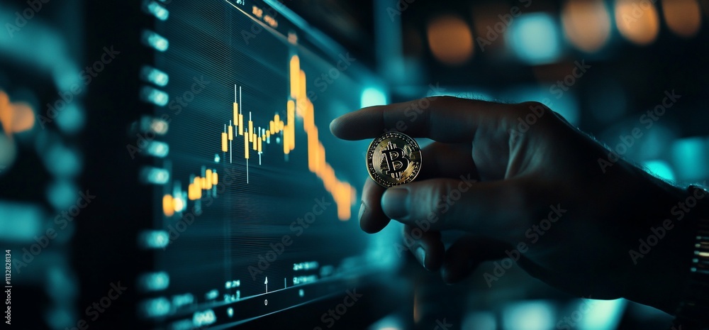 Poster a hand holding a coin in front of a digital trading chart.