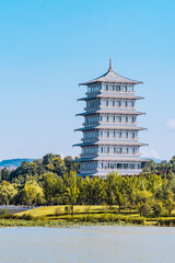 The ancient style architecture and scenery of Chang'an Tower in Xi'an World Expo Park, Shaanxi...