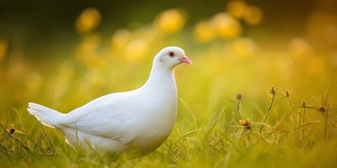 Obraz premium A serene white dove stands gracefully amidst a vibrant green field.