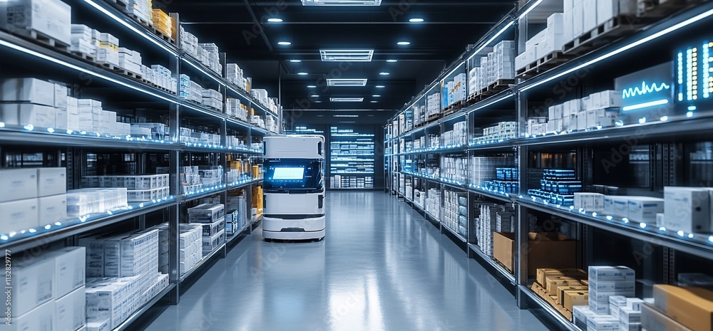 Poster a modern warehouse with shelves of products and an automated robot.