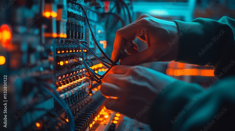 Poster a person adjusting wires on a complex electronic device with glowing lights.