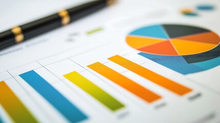 A clean and modern infographic background for stock images, highlighting key business metrics with vibrant bar graphs, pie charts, and numerical data points