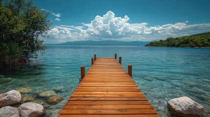 Obraz premium Serene wooden bridge over calm lake waters under a clear blue sky