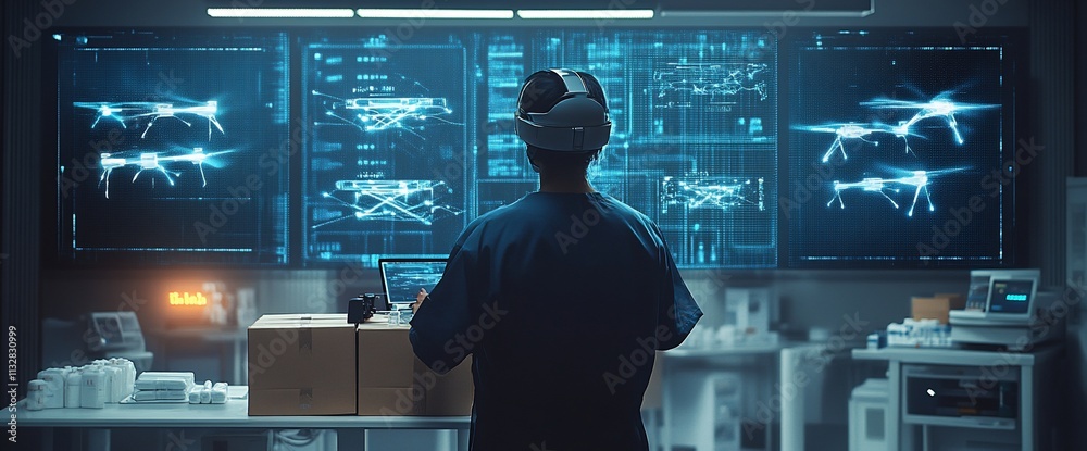 Aufkleber A person in a lab setting monitors advanced technology and drone data.
