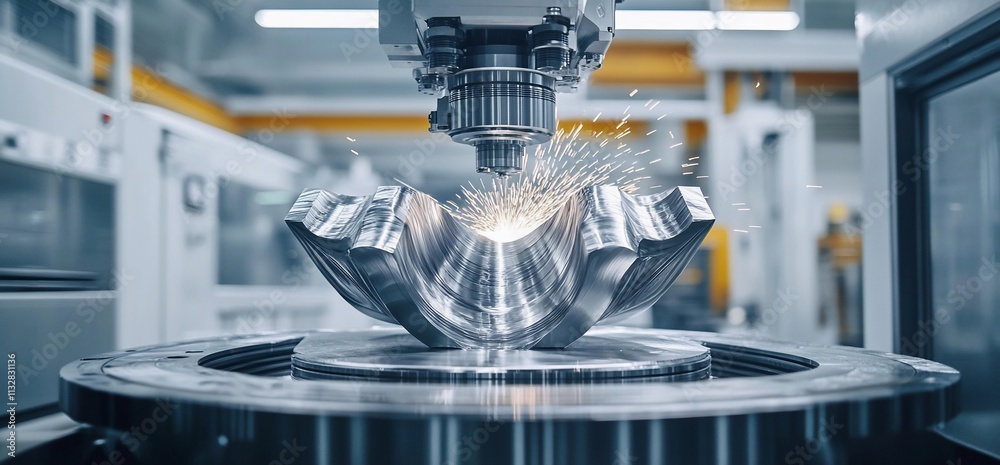 Poster a precision machining process with sparks flying from a metal workpiece.
