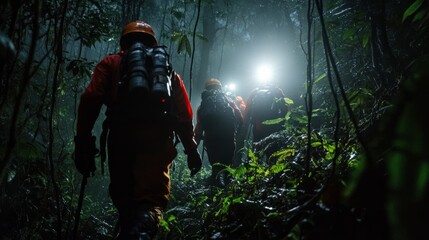 Rescue team with flashlights and helmets moving through dense forest at night to locate missing hikers