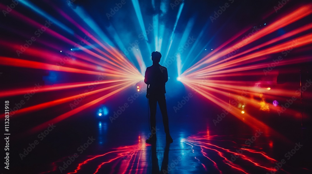 Poster A silhouette against vibrant laser lights creating a dynamic atmosphere.